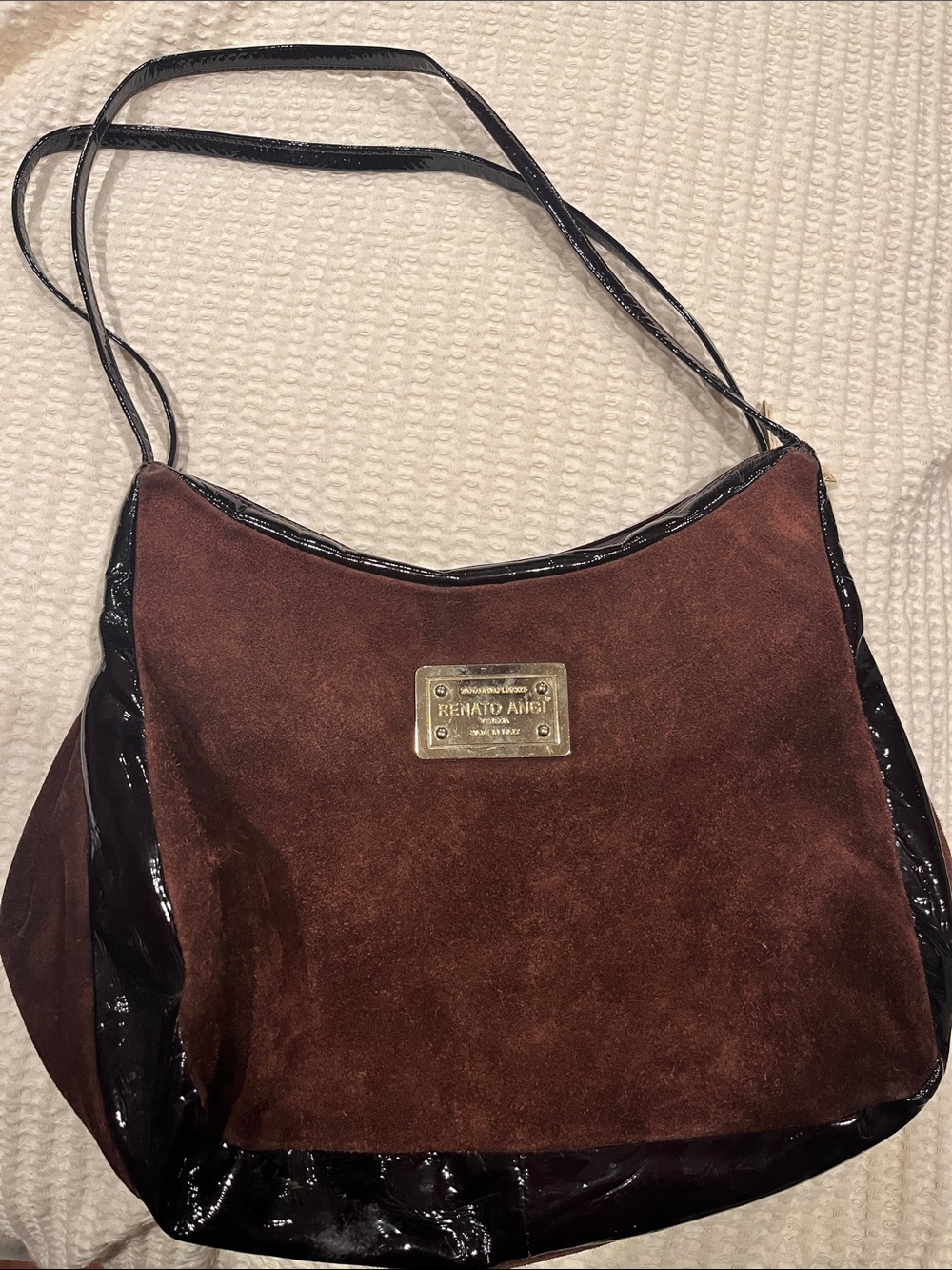 Authentic Vintage Renato Angi Brown Suede Hobo with Brown Patent Trim